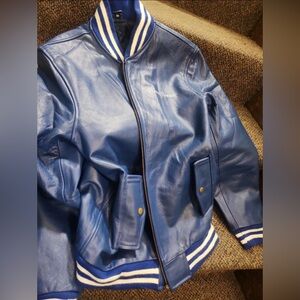 Hood Credit Leather Blue Varsity Jacket